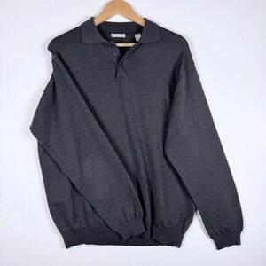 Halogen 100% Merino Wool Polo Sweater Mens Large Gray Long Sleeve Grandpacore